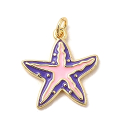 Pink Латунные эмалевые подвески с морскими животными, прелести морская звезда, без свинца и без кадмия, долговечный, стойки покрытие, реальный 18 k позолоченный, розовые, 20x18.5x2 мм, отверстие : 3 мм