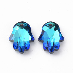 Medium Blue Electroplated Glass Pendants, Silver Plated Bottom, Faceted, Hamsa Hand/Hand of Miriam, Medium Blue, 18x13.5x5mm, Hole: 1.6mm, about 24pcs/board, 5board/box