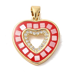 Светло-Вишневый Стойки обшивки латунь кубического циркония подвески, с эмалью и ракушкой, долговечный, без свинца и без кадмия, реальный 18 k позолоченный, сердце, светло-вишневый, 20x18x3 мм, отверстие : 5x4 мм