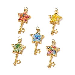 Mixed Color Glass Pendants, with Brass Open Back Bezel Pendants Finding, Key with Star Charms, Mixed Color, 39.5x19.5x3~4mm, Hole: 4.6mm