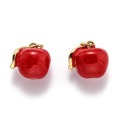 Red Brass Enamel Charms, with Jump Ring, Long-Lasting Plated, Real 18K Gold Plated, Apple, Red, 12x11x9.6mm, Hole: 2.8mm