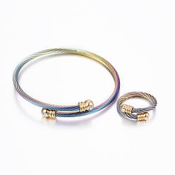 Golden Trendy 304 Stainless Steel Torque Bangles & Rings Sets, with Rhinestone, Golden, 2-1/8 inch(53mm), 17mm