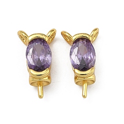 Фиолетовый Латунные подвески-булавки с одиночными кубическими циркониями, украшенные бриллиантами., овальные, без кадмия и без свинца, стойки покрытие, долговечный, золотые, фиолетовые, 13x7.5x5 мм, отверстие : 1.6 мм, штифты : 1x4 мм