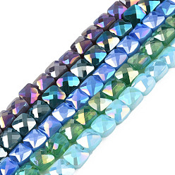 Mixed Color Electroplate Opaque Solid Color Glass Beads Strands, AB Color Plated, Faceted, Square, Mixed Color, 6.5x6.5x4.5mm, Hole: 1.2mm, about 97~99Pcs/strand, 25 inch(63.5cm)