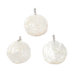 Platinum Natural White Shell Pendants, Flower Rose Charms, with Brass Snap on Bails, Cadmium Free & Lead Free, Platinum, 35x5mm, Hole: 4.5x3.5mm