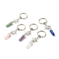 Mixed Stone Natural Mixed Gemstone Keychain, with Tibetan Style Alloy Pendants, Charm Carrier Barrel Tube Bails and Iron Split Key Rings, Sun with Bullet, 9.8cm