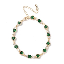 Зеленый Браслеты из кубического циркония в форме сердца, украшения из латуни для женщин, реальный 18 k позолоченный, зелёные, 7 дюйм (17.9 см)