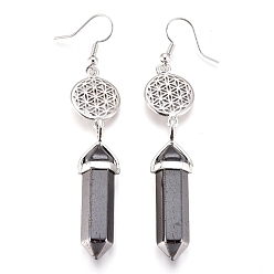 Magnetic Hematite Pointed Bullet Natural Magnetic Hematite Dangle Earrings, with Brass Earring Hooks and Flat Round with Flower of Life Links, Platinum, 77mm, Pin: 0.7mm