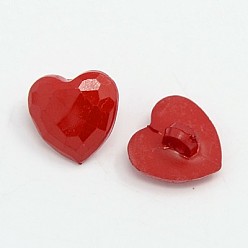 Rouge Foncé Boutons shank acryliques, 1-trou, teint, facette, cœur, rouge foncé, 18x18x4mm, Trou: 3mm
