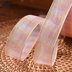 Pearl Pink 9M Tartan Print Polyester Organza Ribbons, Garment Accessories, Gift Packaging, Pearl Pink, 1-5/8 inch(40mm), about 9.84 Yards(9m)/Roll