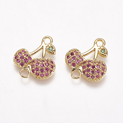 Golden Brass Micro Pave Cubic Zirconia Links, Cherry, Colorful, Golden, 14.5x13x3mm, Hole: 1.5mm