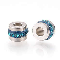 Blue Zircon 201 Stainless Steel Rhinestone Beads, Column, Blue Zircon, 7x5mm, Hole: 3mm