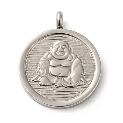 Human 304 Stainless Steel Pendants,  Stainless Steel Color, Flat Round, Buddha, 31x25x2mm, Hole: 4mm
