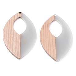 WhiteSmoke Resin & Wood Pendants, Two Tone, Leaf, WhiteSmoke, 66.5x39x3mm, Hole: 2mm