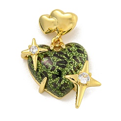 Зеленый газон Стойки обшивки латунь кубического циркония подвески, cmолой, долговечный, без свинца и без кадмия, сердце, реальный 18 k позолоченный, зеленый газон, 34x26x10 мм, отверстие : 3x4 мм