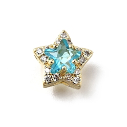 Темно-Голубой Латунные микро проложить кубического циркония бусы, звезда, с кристаллическим цирконием, реальный 18 k позолоченный, камень марта, глубокое синее небо, 10x10x7.5 мм, отверстие : 2x2 мм