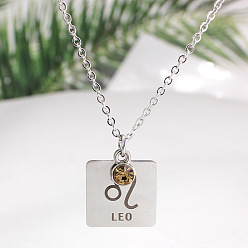 Leo Constellation Rectangle Pendant Necklace, 201 Stainless Steel Square with Rhinestone Pendant Necklace for Men Women, Leo, 17.72 inch(45cm)