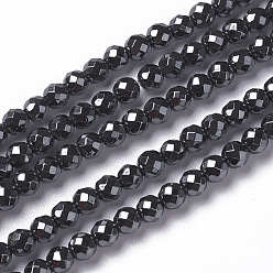Non-magnetic Hematite Non-magnetic Synthetic Hematite Beads Strands, Faceted, Round, 3~3.5x2.5~3mm, Hole: 0.3mm, about 114~141pcs/strand, 15.1~16.4 inch(38.4~41.8cm)