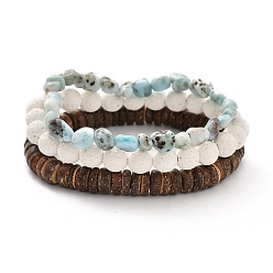 Mixed Color Stretch Beaded Bracelet Sets, Stackable Bracelets, with Natural Lava Rock(Dyed) & Larimar & Coconut Beads, Mixed Color, Inner Diameter: 2-1/8 inch(5.5cm), 3pcs/set
