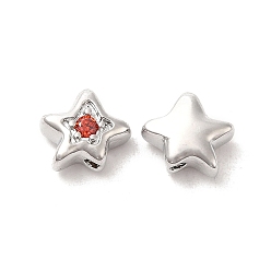 Red Brass Cubic Zirconia Beads, Star, Platinum, Red, 7x8x4mm, Hole: 1mm