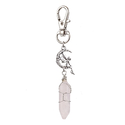 Rose Quartz Pointed Natural Rose Quartz Pendant Decorations, with Alloy Pendants and Swivel Lobster Claw Clasps, Fairy and Bullet, 87mm