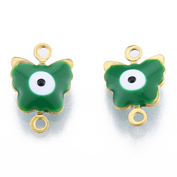 Sea Green 304 Stainless Steel Enamel Connector Charms, Real 18K Gold Plated, Butterfly with Evil Eye Charm, Sea Green, 12.5x8.5x3mm, Hole: 1.2mm