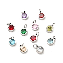 Mixed Color 304 Stainless Steel Pendants, with Cubic Zirconia and Jump Rings, Single Stone Charms, Flat Round, Stainless Steel Color, Mixed Color, 9.5x7.5x3mm, Hole: 3.6mm