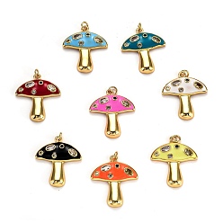 Mixed Color Autumn Theme Real 18K Gold Plated Brass Micro Pave Cubic Zirconia Pendants, with Enamel and Jump Rings, Long-Lasting Plated, Mushroom, Mixed Color, 28x25x3.5mm, Jump Ring: 5x1mm, 3mm Inner Diameter