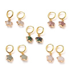 Golden Brass Huggie Hoop Earrings, with Natural Gemstone Star Pendants, Golden, 30x14x6mm, Pin: 1mm