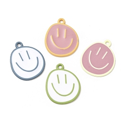 Mixed Color Spray Painted Alloy Pendants, Cadmium Free & Nickel Free & Lead Free, Flat Round with Smiling Face Pattern Charm, Mixed Color, 25x20x1.5mm, Hole: 2mm