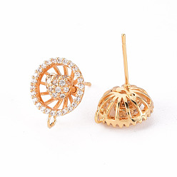 Real 18K Gold Plated Brass Micro Pave Clear Cubic Zirconia Stud Earrings Findings, with Loop, Nickel Free, Flat Round, Real 18K Gold Plated, 14x11.5mm, Hole: 2mm, Pin: 0.8mm