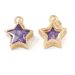 Blue Violet Rack Plating Brass with Cubic Zirconia Charms, Star Charm, Cadmium Free & Lead Free, with Jump Ring, Real 18K Gold Plated, Blue Violet, 12.5x10.5x5.5mm, Hole: 0.9mm