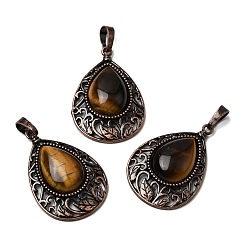 Тигровый глаз Подвески-капли из натурального тигрового глаза, с винтажной латунной рамкой красного медного оттенка, 34.5x23.5x7.5 мм, отверстие : 8x5 мм