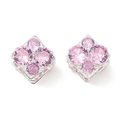 Лавандовый румянец Латунные микро проложить кубического циркония бусы, квадратный, серебряные, лавандовый румянец, 10x10x11.5 мм, отверстие : 1.2 мм