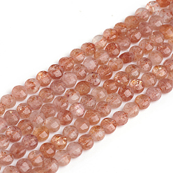 Sunstone Natural Sunstone Beads Strands, Flat Round, Faceted, 4x3mm, Hole: 0.8mm, about 88pcs/strand, 14.57 inch(37cm)