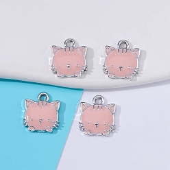 Pink Alloy Enamel Pendants, Cat Charm, Platinum, Pink, 15x13mm
