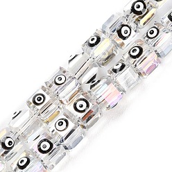 Black Transparent Glass Beads Strands, with Enamel, AB Color Plated, Square with Evil Eye, Black, 6~6.5x8~9x6.5~7mm, Hole: 1.6mm, about 50pcs/strand, 12.80~12.99''(32.5~33cm).