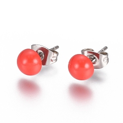 Red Spray Paint 304 Stainless Steel Stud Earrings, with Earring Backs, Half Round, Red, 6x3mm, Pin: 0.8mm