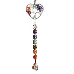 Silver Chakra Theme Natural Gemstone Big Pendant Decorations, with Random Color Hand Knitting Cord and Stone Chips Tassel, Heart with Tree of Life, Silver, 35cm