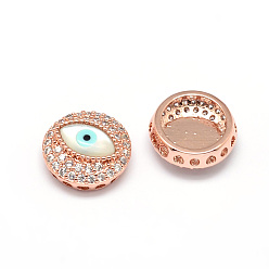 Real Rose Gold Plated Flat Round Brass Micro Pave Cubic Zirconia Beads, with Eye Shell Beads, Cadmium Free & Nickel Free & Lead Free, Clear, Real Rose Gold Plated, 15x6~7mm, Hole: 1mm