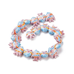 Pink Handmade Porcelain Beads, Fish, Pink, 17~18x21~22x7~7.5mm, Hole: 2mm