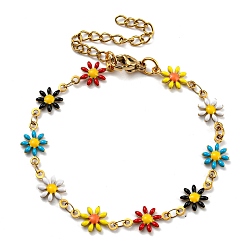 Colorful Ion Plating(IP) Golden 304 Stainless Steel Flower Link Chain Bracelets with Enamel, Colorful, 6-1/2 inch(16.5cm)