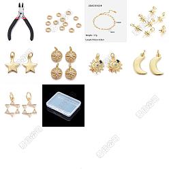 Настоящее золото 18K Наборы для изготовления браслетов с подвесками на тему звездного неба своими руками, включают в себя ювелирные плоскогубцы из углеродистой стали, из нержавеющей стали цепи браслеты, 304 кольца прыжок из нержавеющей стали, Латунные подвески, реальный 18 k позолоченный, 11.5~18.5x8~15x1~3 мм