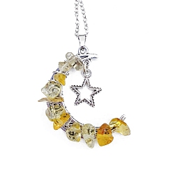 Yellow Quartz Synthetic Yellow Quartz Chips Moon with Alloy Star Pendant Necklaces, with Stainless Steel Chains, 18.90~19.69 inch(48~50cm)