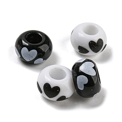 Cœur Perles acryliques imprimées, rondelle, noir et blanc, cœur, 13.5x8.5mm, Trou: 5.5~5.6mm