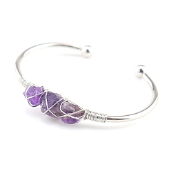 Amethyst Natural Amethyst Chips Beaded Cuff Bangles, Metal Wire Wrap Bangle, Inner Diameter: 2-1/2 inch(6.5cm)