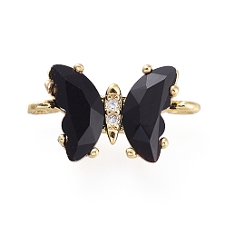 Black Glass Links Connectors, with Brass Micro Pave Cubic Zirconia, Faceted, Butterfly, Light Gold, Black, 8x14x5mm, Hole: 1.2mm