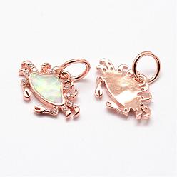 Green Brass Micro Pave Cubic Zirconia Charms, with Synthetic Opal, Crab, Rose Gold, Green, 10x15x2mm, Hole: 4.5mm