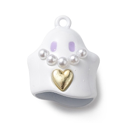 White Halloween Spray Painted Alloy Pendants, with Plastic Pearls, Ghost Charm, White, 24x20x16mm, Hole: 2mm