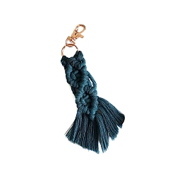 Teal Macrame Cotton Cord Woven Tassel Pendant Keychain, with Swivel Clasp, Teal, 20x2.5cm